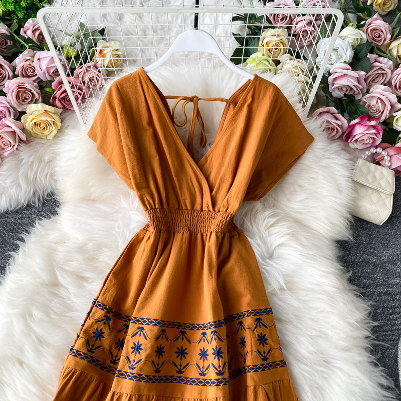 Retro Ethnic Style V-neck High Waist Stitching Embroidery Floral Tassels Long Large Swing Dress Women