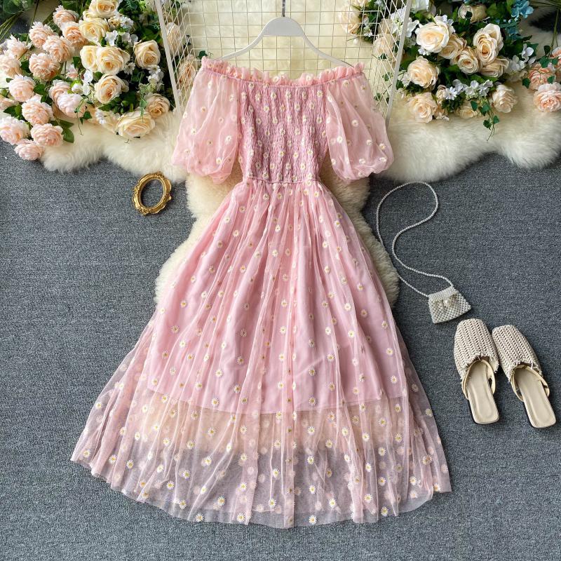 Embroidery Strapless Dress Printed Net Yarn Long Floral Dress Women