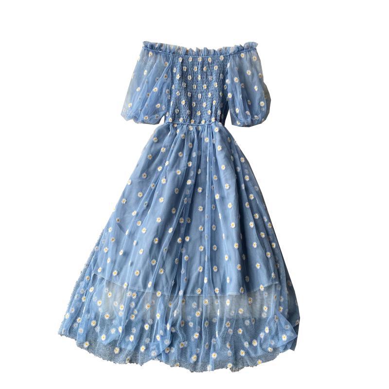 Embroidery Strapless Dress Printed Net Yarn Long Floral Dress Women