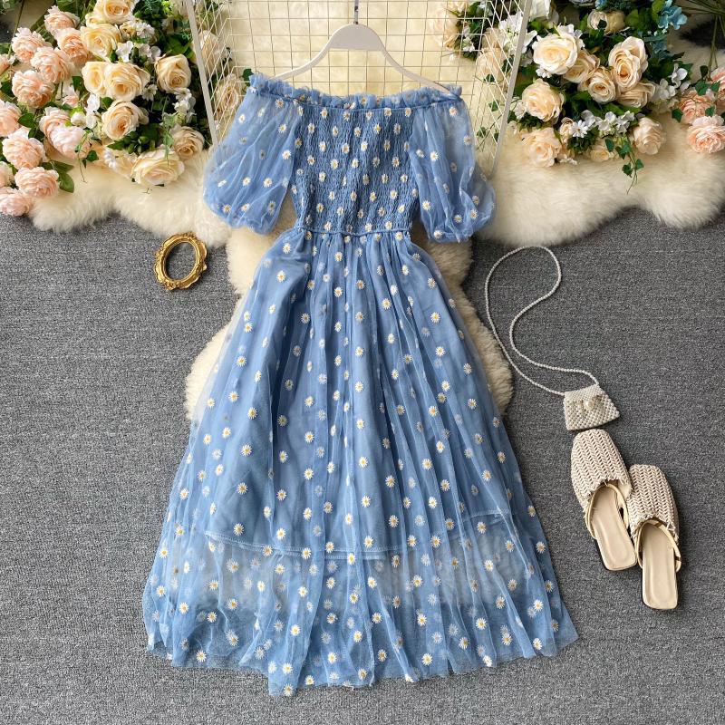 Embroidery Strapless Dress Printed Net Yarn Long Floral Dress Women