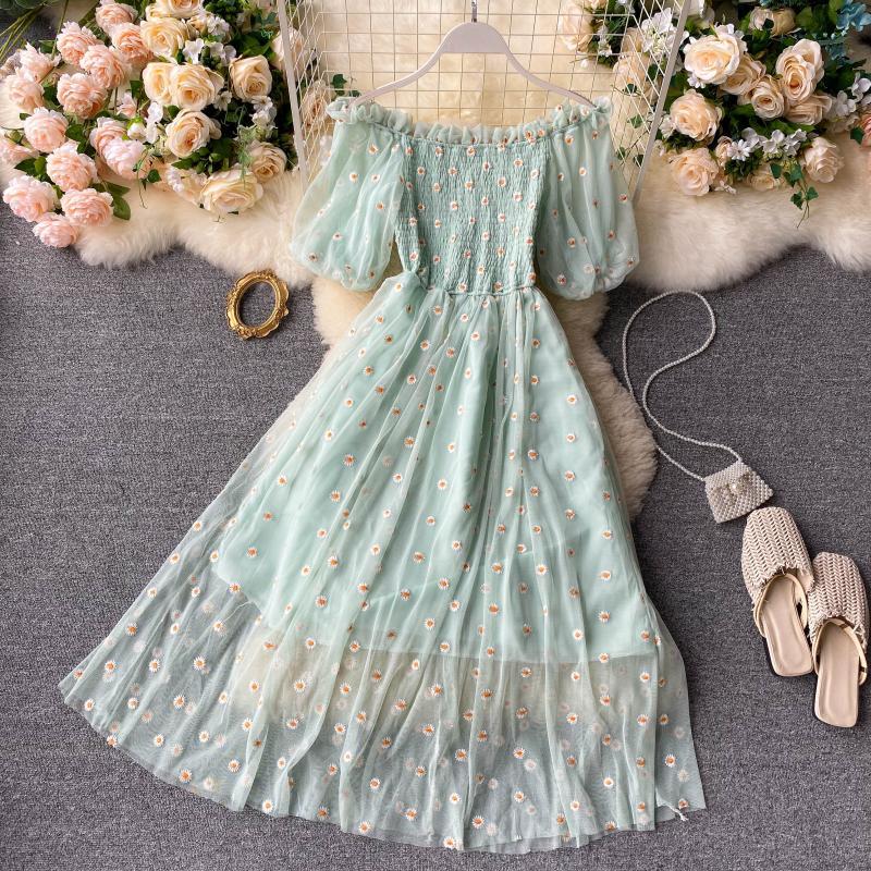 Embroidery Strapless Dress Printed Net Yarn Long Floral Dress Women