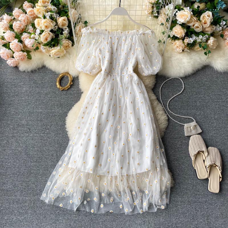 Embroidery Strapless Dress Printed Net Yarn Long Floral Dress Women