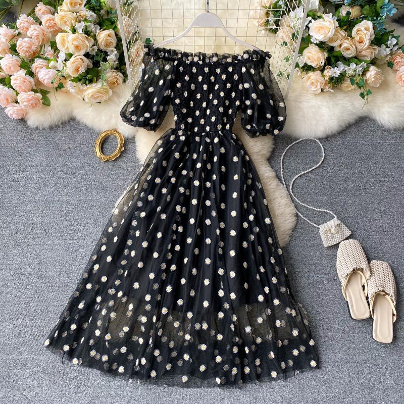 Embroidery Strapless Dress Printed Net Yarn Long Floral Dress Women