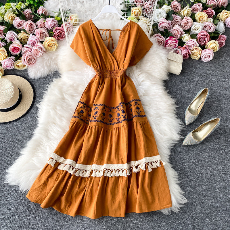 Retro Ethnic Style V-neck High Waist Stitching Embroidery Floral Tassels Long Large Swing Dress Women