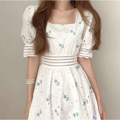 Heavy Industry Embroidery Thin Square Collar Hollow Waist Puff Sleeve Dress Women
