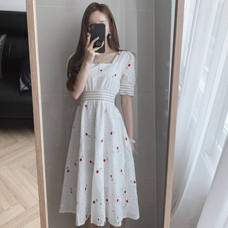 Heavy Industry Embroidery Thin Square Collar Hollow Waist Puff Sleeve Dress Women