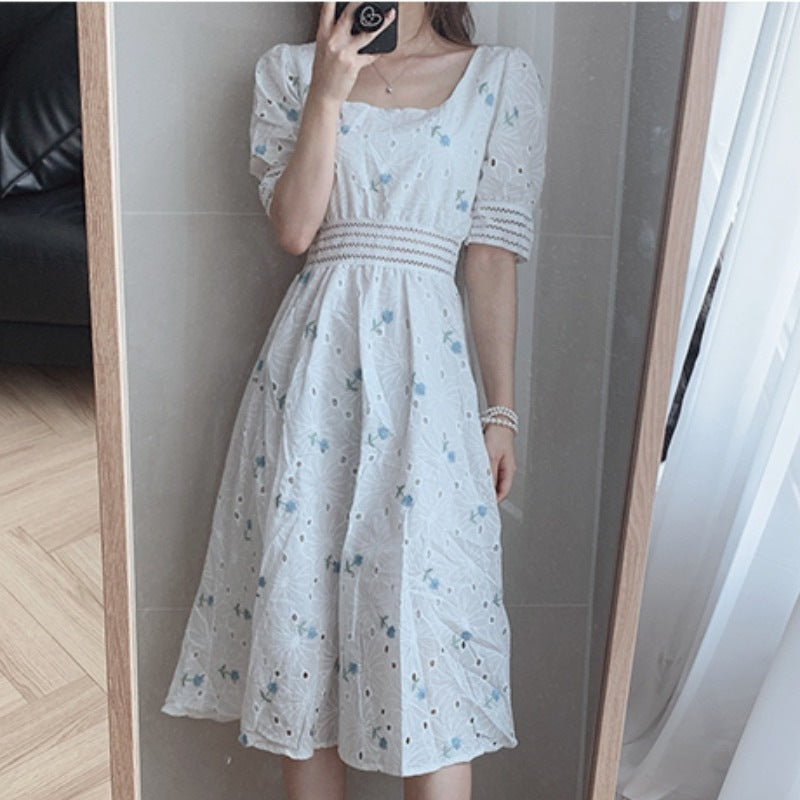 Heavy Industry Embroidery Thin Square Collar Hollow Waist Puff Sleeve Dress Women