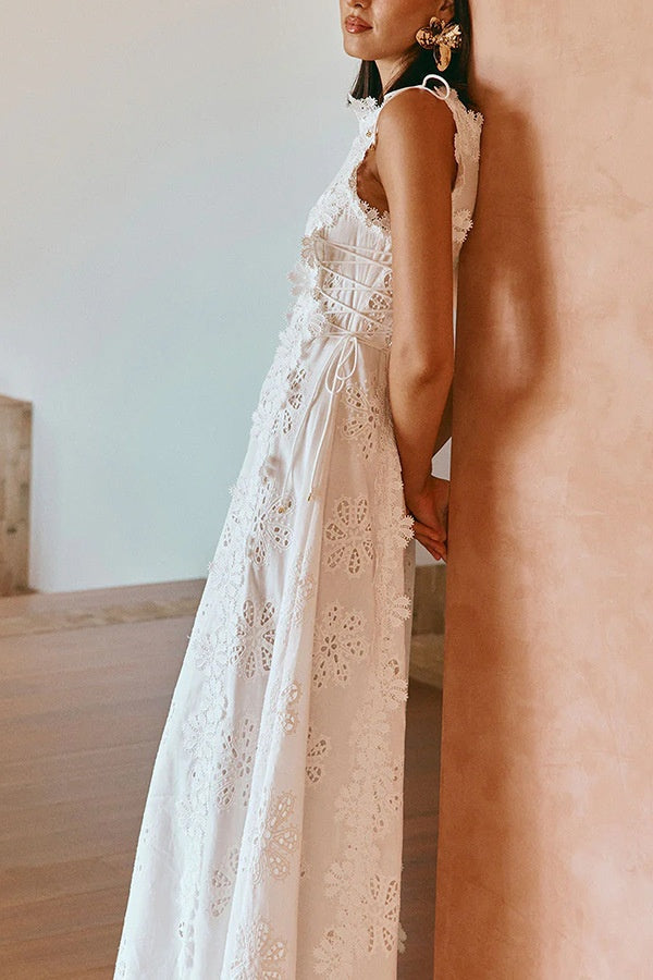 Summer Lace Embroidery Tied Slim Fit Dress Women