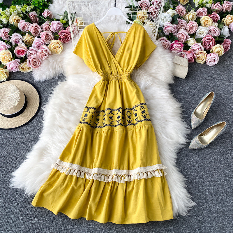 Retro Ethnic Style V-neck High Waist Stitching Embroidery Floral Tassels Long Large Swing Dress Women