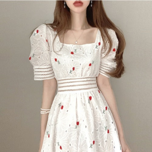 Heavy Industry Embroidery Thin Square Collar Hollow Waist Puff Sleeve Dress Women