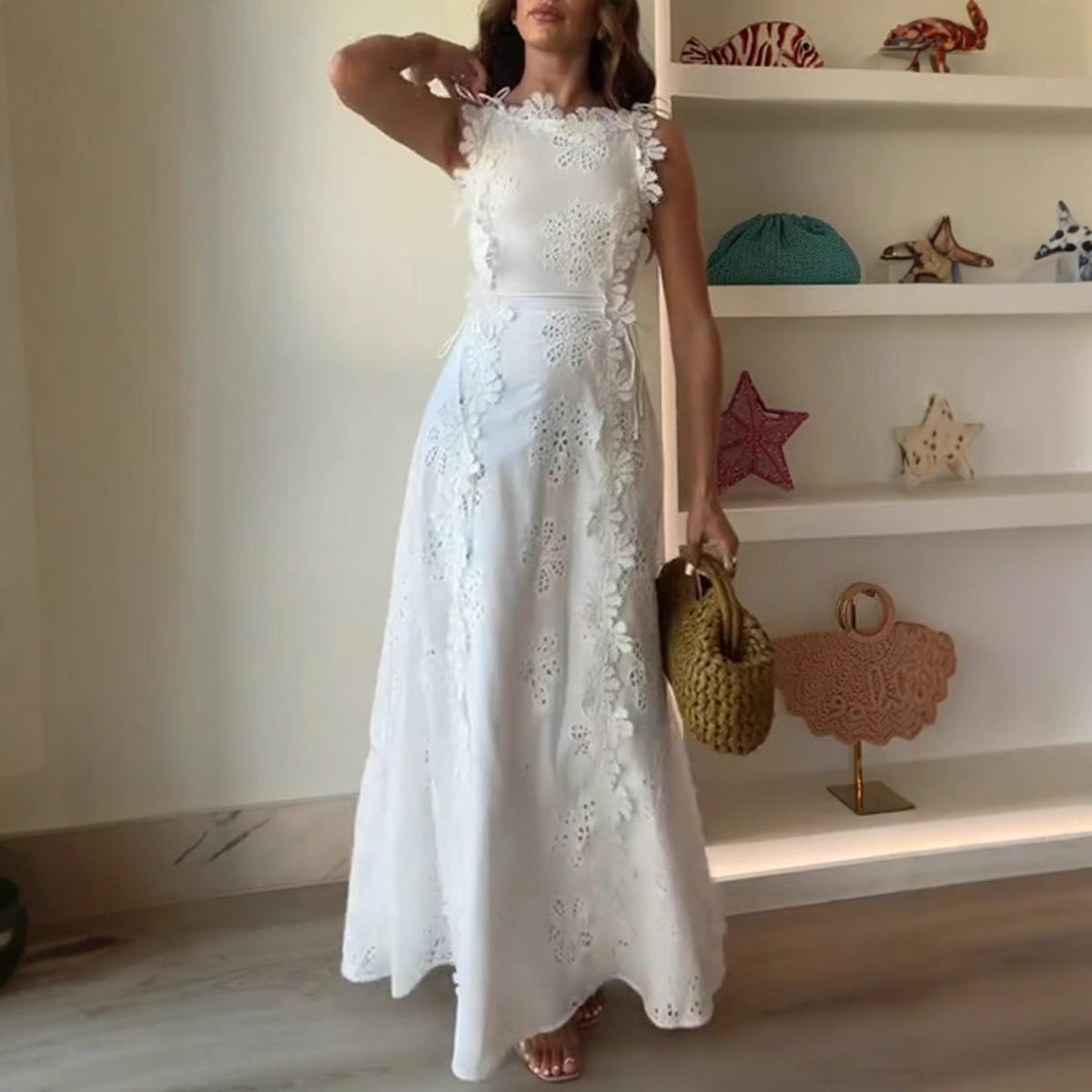 Summer Lace Embroidery Tied Slim Fit Dress Women