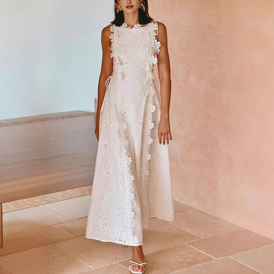 Summer Lace Embroidery Tied Slim Fit Dress Women