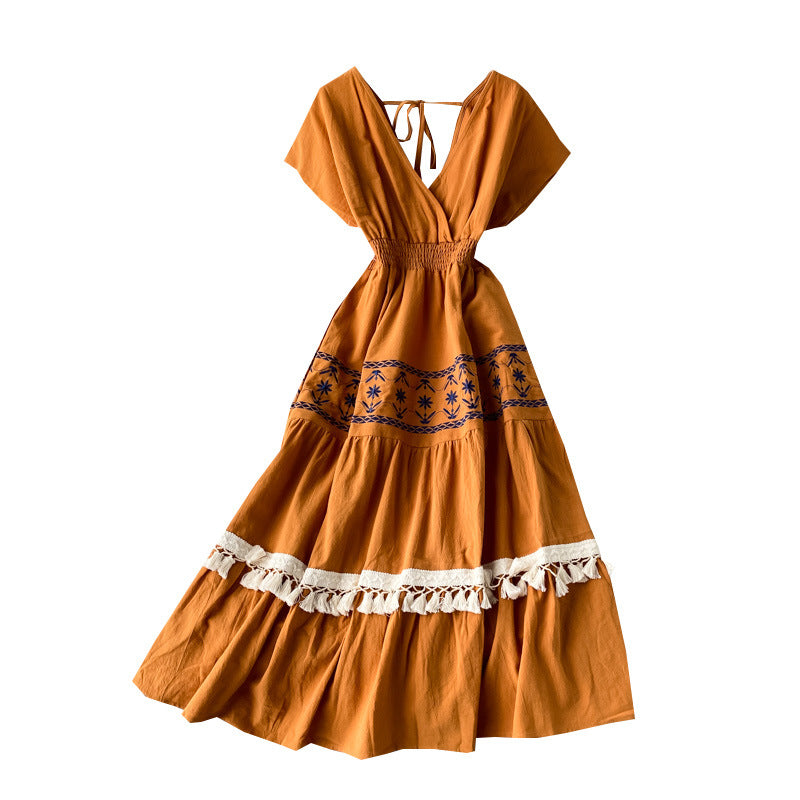 Retro Ethnic Style V-neck High Waist Stitching Embroidery Floral Tassels Long Large Swing Dress Women