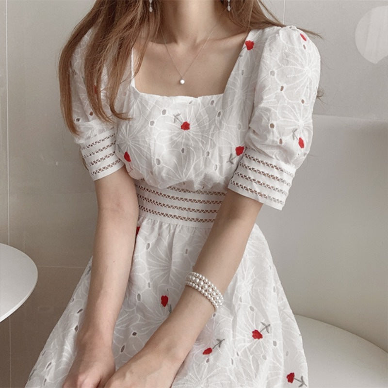 Heavy Industry Embroidery Thin Square Collar Hollow Waist Puff Sleeve Dress Women