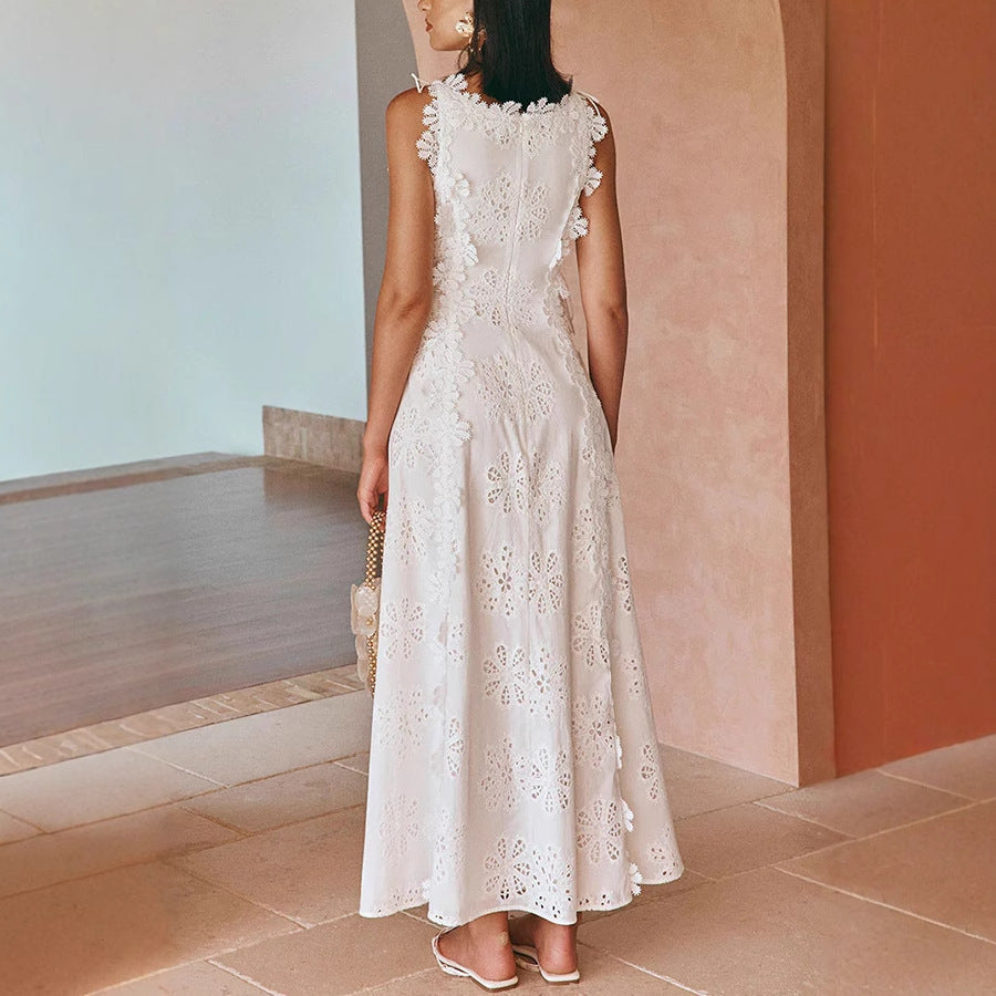 Summer Lace Embroidery Tied Slim Fit Dress Women