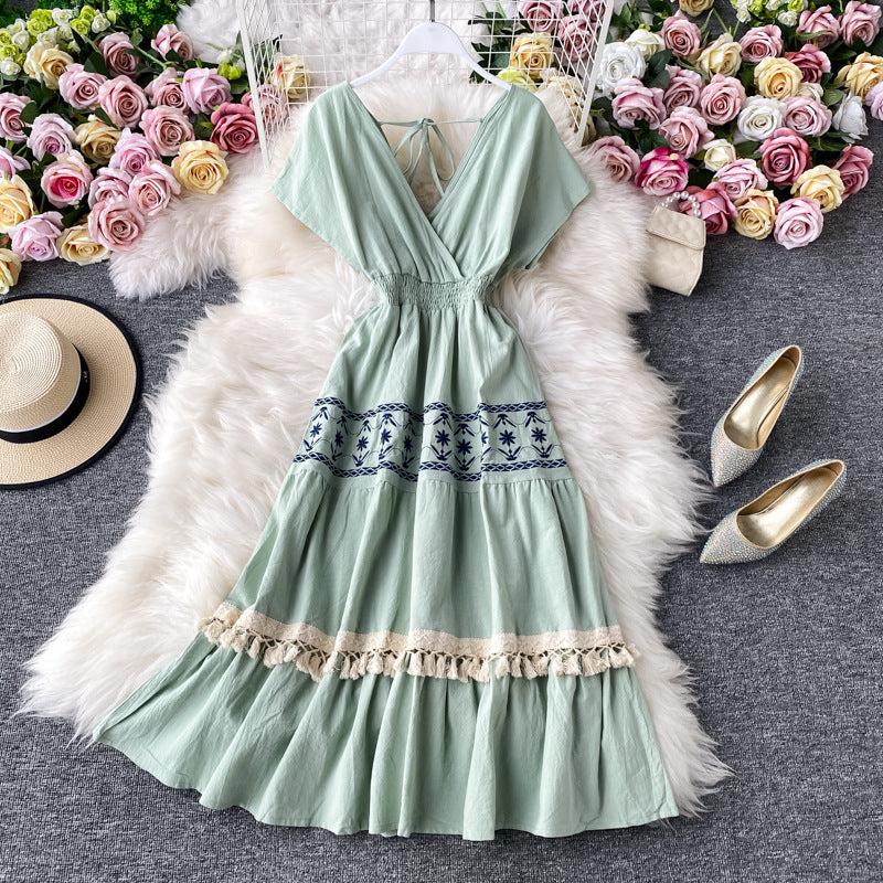 Retro Ethnic Style V-neck High Waist Stitching Embroidery Floral Tassels Long Large Swing Dress Women